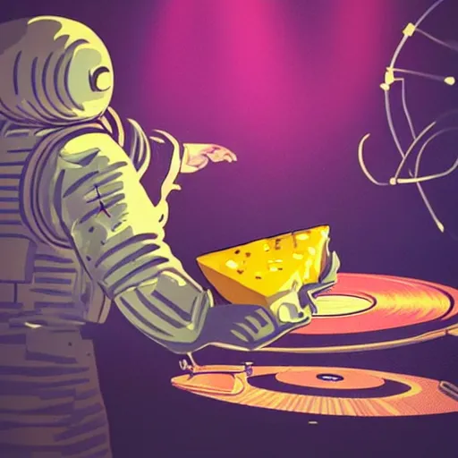 Prompt: astronaut at a dj table using cheese to spin records, highly detailed concept art, dreamy lighting, blender, beautiful