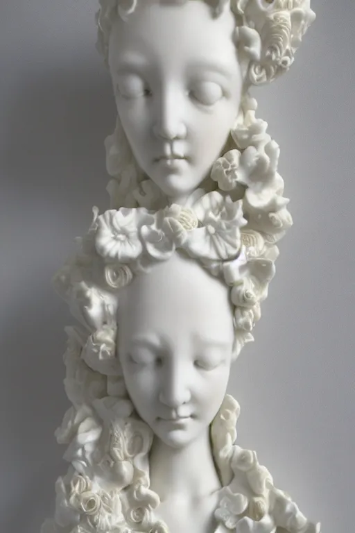 Prompt: full head and shoulders, beautiful female porcelain sculpture, baroque, all white features on a white background, delicate facial features, white eyes, white lashes, detailed white 3 d giant poppies on the head