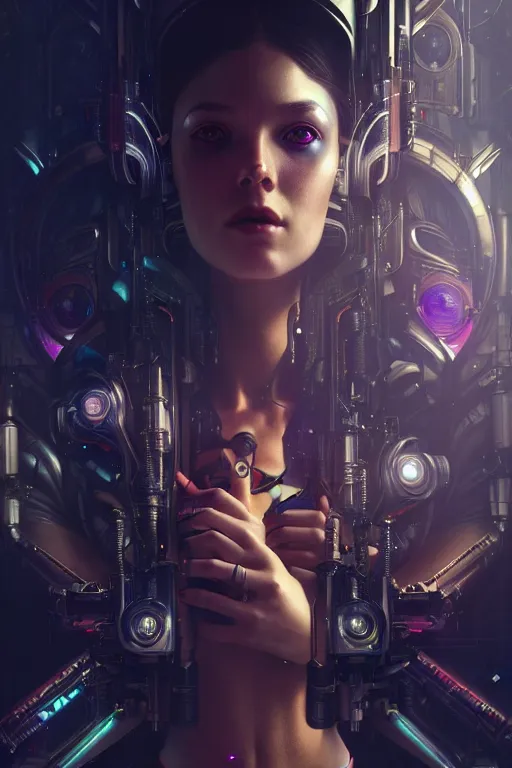 Image similar to ultra realistic, beautiful female cyborg in a crowded smoky cyberpunk club in space megalopolis, sci-fi, intricate details, eerie, highly detailed, octane render, 8k, art by artgerm and alphonse mucha and greg rutkowski