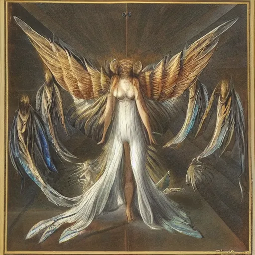 Image similar to biblical style creature, seraphim, dozens of bird - like wings, hundreds of eyes