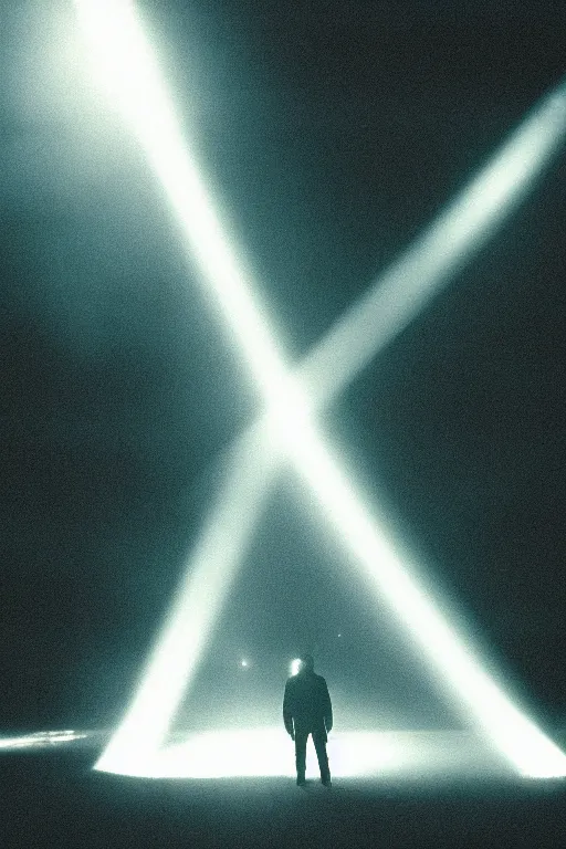 Prompt: agfa vista 4 0 0 photograph of a alien spaceship abducting a person, lens flare, back view, moody lighting, moody vibe, telephoto, 9 0 s vibe, grain, vintage, tranquil, calm, faded