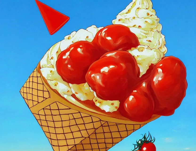 Prompt: a painting of a lazy red tomato on a sunny beach eating ice cream clouds in a cone by james jean