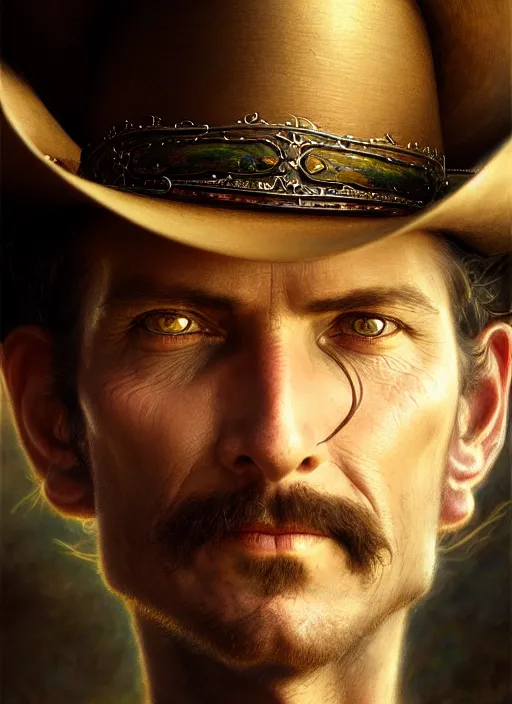 Prompt: closeup portrait shot of a victorian cowboy in a scenic mystery environment, intricate, elegant, highly detailed, centered, digital painting, artstation, concept art, smooth, sharp focus, illustration, artgerm, tomasz alen kopera, peter mohrbacher, donato giancola, joseph christian leyendecker, wlop, boris vallejo