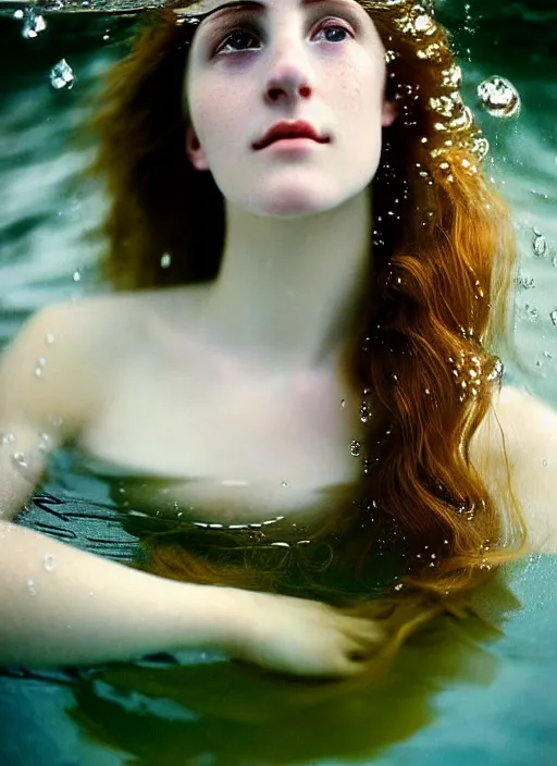 Prompt: Kodak Portra 400, 8K, soft light, volumetric lighting, highly detailed, britt marling style 3/4, extreme Close-up portrait photography of a beautiful woman how pre-Raphaelites with half face immersed in water, the hair floats on the water, a beautiful lace dress and hair are intricate with highly detailed realistic beautiful flowers , Realistic, Refined, Highly Detailed, natural outdoor soft pastel lighting colors scheme, outdoor fine art photography, Hyper realistic, photo realistic