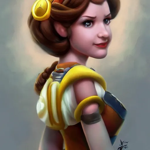 Image similar to princess daisy from super mario as realistic brunette human character art portrait, matte fantasy painting, deviantart artstation, by jason felix by steve argyle by tyler jacobson by peter mohrbacher, cinema c 9. 0