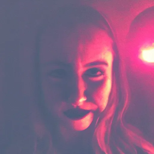 Image similar to a selfie of a woman in a dark room, with a spooky filter applied, in a halloween style.