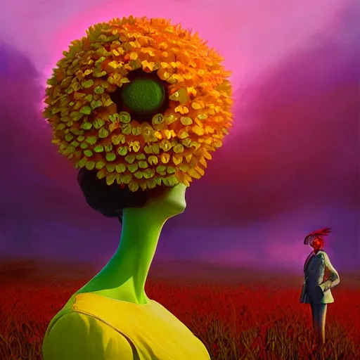 Image similar to giant daisy flower head, frontal, girl in a suit, surreal photography, sunrise, dramatic light, impressionist painting, digital painting, artstation, simon stalenhag