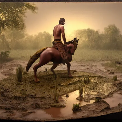 Prompt: large diorama, young man in leather tunic and loincloth, hopelessly pulling his horse from the mud of the swamp of sadness. Swampy, gouache, dark, volumetric lighting, crepuscule, octane render