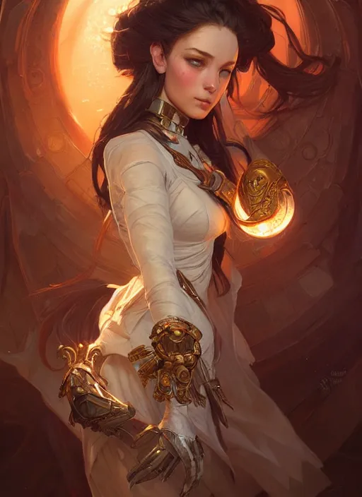 Image similar to beautiful humanoid android, fantasy, intricate, elegant, highly detailed, digital painting, artstation, concept art, matte, sharp focus, illustration, hearthstone, art by artgerm and greg rutkowski and alphonse mucha