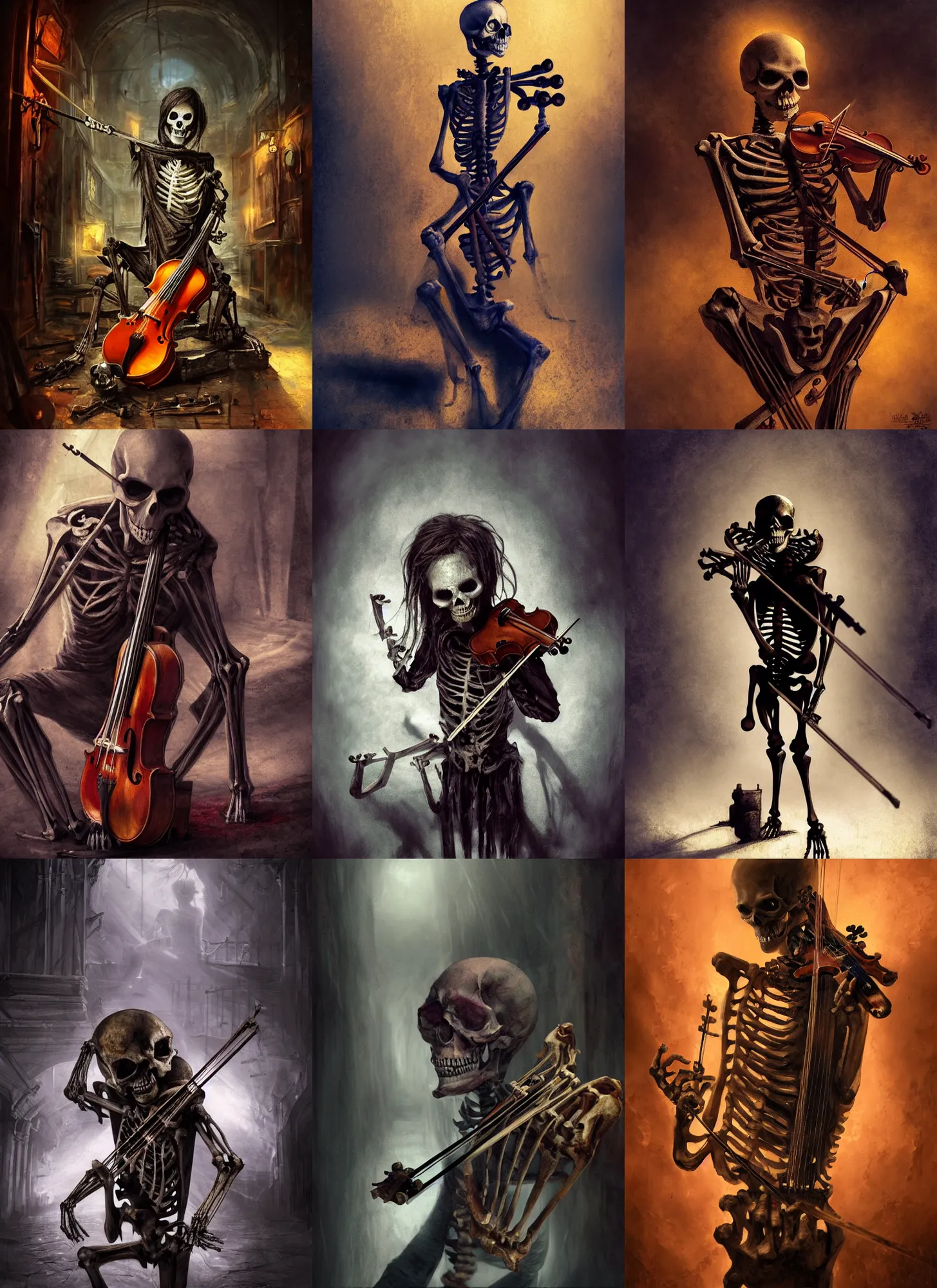 Prompt: Skeleton in ragged clothes playing the violin, vivid colors, dark shadows, contrast, concept art, sharp focus, digital art, Hyper-realistic, 4K, Unreal Engine, Highly Detailed, Dramatic Lighting, Beautiful, by Brom, bastien lecouffe-deharme