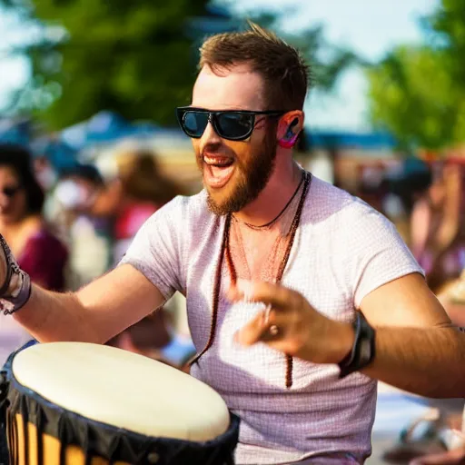 Prompt: annoying guy playing bongos at a music festival