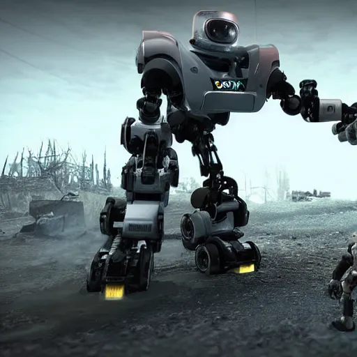 Image similar to xbox robot vs playstation robot, post apocalyptic, hd, unreal engine, cinematic