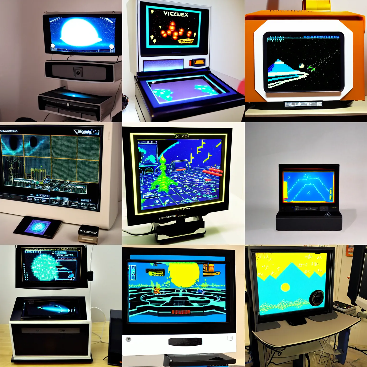 Prompt: vectrex home console, built in tall crt screen, showing asteroids vector game, product design studio photo