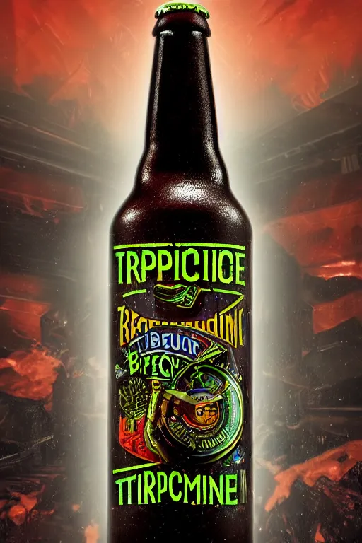 Image similar to product photo of a beer bottle, beer is called tripmachine, realistic digital art, label on the bottle is printed with a 3 d render of a huge futuristic steampunk generator, 8 k, fluorescent colors, halluzinogenic, multicolored, exaggerated detailed, unreal engine