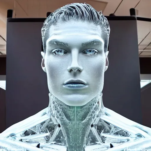 Prompt: made of ice, a realistic detailed photo of a guy who is an attractive humanoid who is half robot and half humanoid, who is a male android, on display, blank stare, showing off his muscles, shiny skin, posing like a statue, by the pool, frozen ice statue, f 1 driver max verstappen, humanoid robot