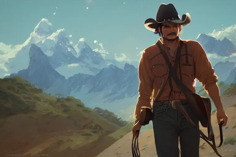 Image similar to old pedro pascal as a cowboy, single subject, mountaineous background, scenic full shot, ambient lighting, detailed face, by makoto shinkai, stanley artgerm lau, wlop, rossdraws