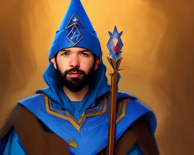 Prompt: amazing portrait of alexis ohanian as a wizard, pointy blue wizard hat, deep focus, symmetrical face, d & d, fantasy, intricate, elegant, highly detailed, digital painting, artstation, concept art, matte, sharp, illustration, hearthstone, art by artgerm and greg rutkowski and alphonse mucha