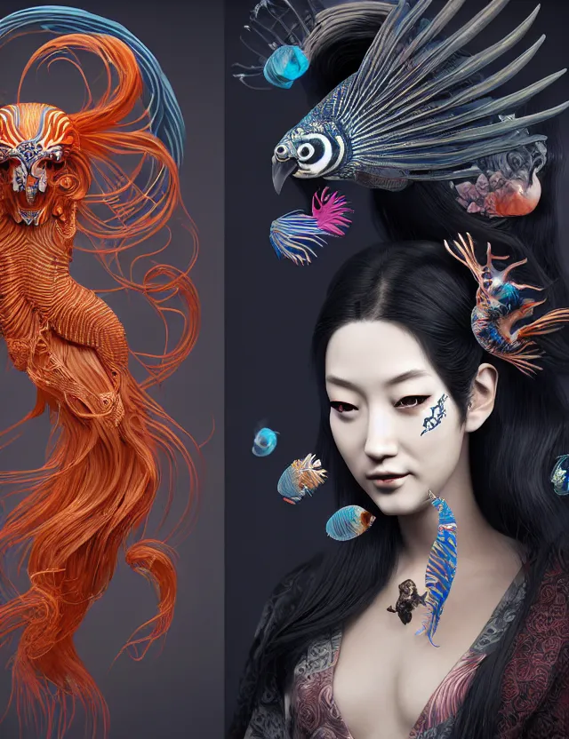 Image similar to 3 d goddess half - turn portrait with long hair with ram skull. beautiful intricately detailed japanese crow kitsune mask and clasical japanese kimono. betta fish, jellyfish phoenix, bio luminescent, plasma, ice, water, wind, creature, artwork by tooth wu and wlop and beeple and greg rutkowski