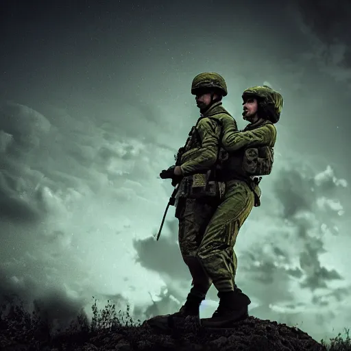 Image similar to soldier and angel met at night time, filmic, dramatic, night vision, wide angle, vignette, only green color, 4 k, 8 k, sad, devil, cinematic lighting, insanely detailed and intricate, hypermaximalist, elegant, ornate, hyper realistic, super detailed