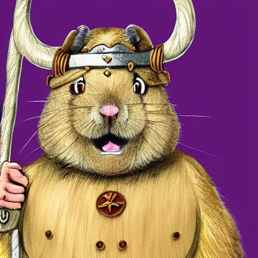 Image similar to cartoon illustration of a hamster dressed as a viking jarl, by Ted Nasmith and by Joe Jusko, 4K, trending on ArtStation, sfumato, centered