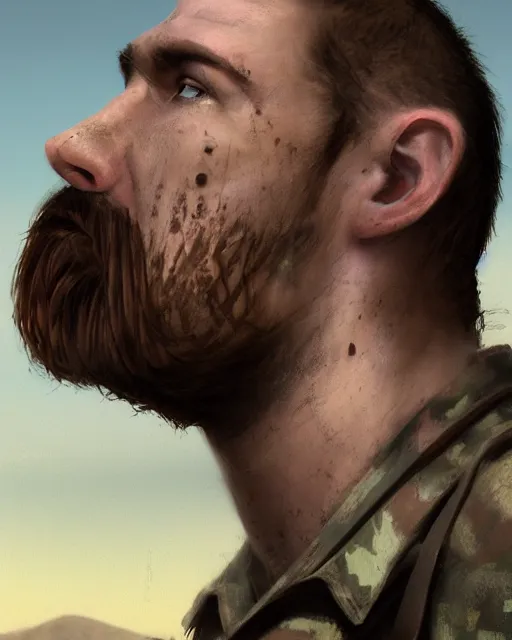 Image similar to portrait of muscular, tired and alcoholic 3 0 - year - old grieving man with short darkblonde hair, serious sad look in his eyes, looking down, dirty beard, blue eyes, crying tears, wearing dirty soldier uniform, on the desert, sad atmosphere, hyper realistic face, character art, art by mark brooks, cryengine, trending on artstation, digital art