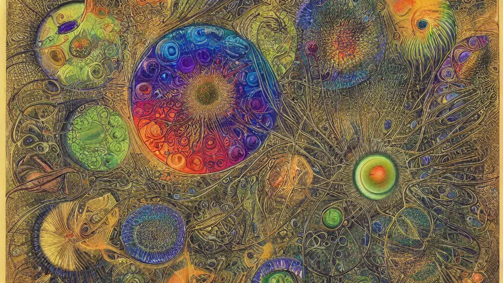 Image similar to quantum connections represented as symbiotic organisms like cells playing around with colorful lights by ernst haeckel, dark