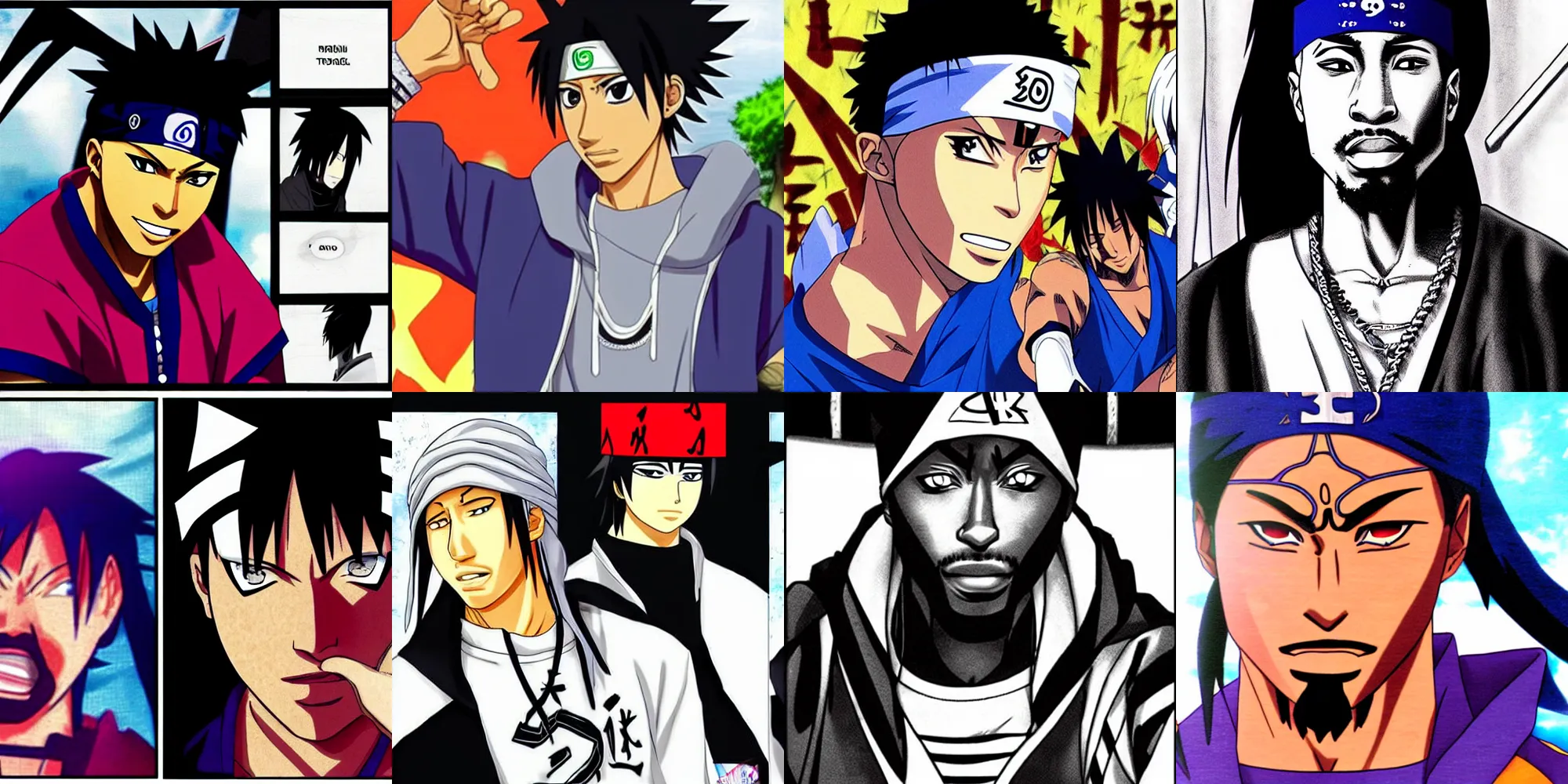 Prompt: Tupac joins the Akatsuki with Sasuke 4 manga panels Kishimoto 8k