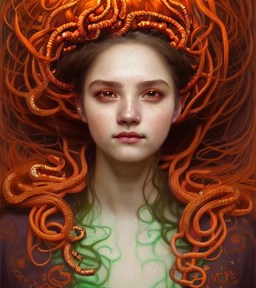 Image similar to portrait of teenage medusa, snake hair, naughty smile, wearing an embroidered orange tunic, intricate, sensual, elegant, copper and emerald jewelry, glowing lights, seductive, highly detailed, digital painting, artstation, concept art, smooth, sharp focus, illustration, art by wlop, mucha, artgerm, and greg rutkowski