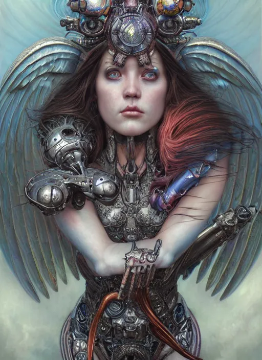 Image similar to hyper detailed masterpiece evil angel girl warrior by donato giancola and tom bagshaw, face by artgerm and edmund leighton, and h. r. giger, trending on artstation, colorful, psychedelic aesthetic, ornate, background by james jean, 8 k, biomechanical, majestic, volumetric lighting, porcelain skin, concept art, sharp focus