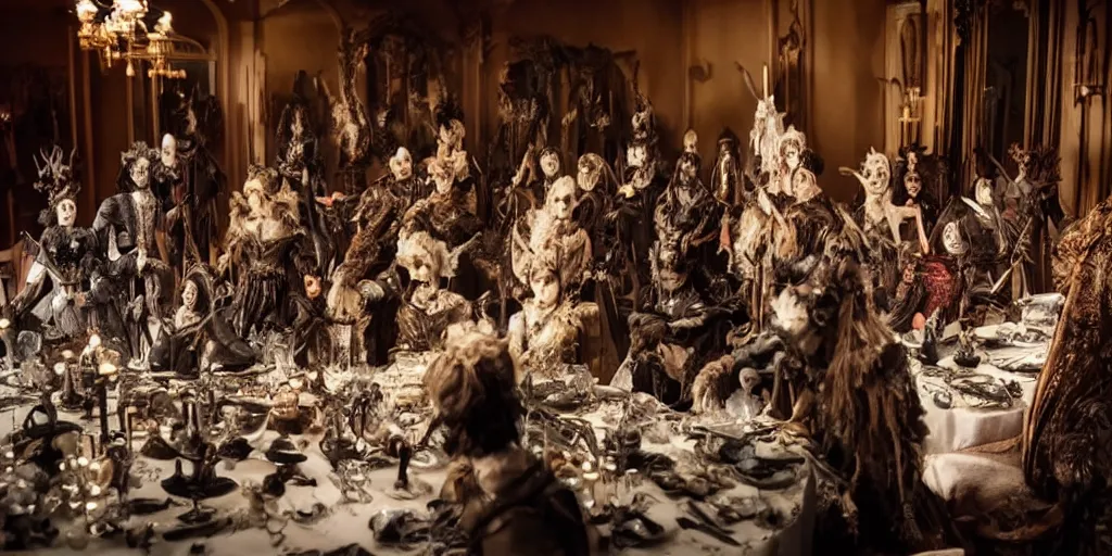 Prompt: photo taken of an epic intricate, ultra detailed, super realistic stop motion puppets of a majestic gracious regal aristocratic vampires in an indoor banquet hall filmset created by weta workshop directed by tim burton, menacing, wide angle, moody full body shot, photorealistic, sharp focus, gloomy, extremely cold blueish colour temperature, 3 5 mm, f 1. 4