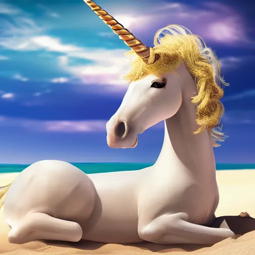 Image similar to a photograph of a real unicorn on a sun bed at the beach, photorealistic, highly detailed, 4k, hd