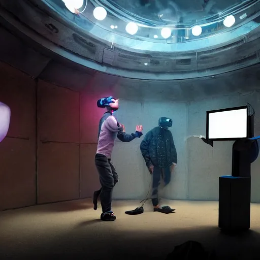 Prompt: a man gets caught in a perpetual 3 d virtual reality, three point lighting, by yuumei, bayard wu, wlop, tim white, ross tran, 4 k