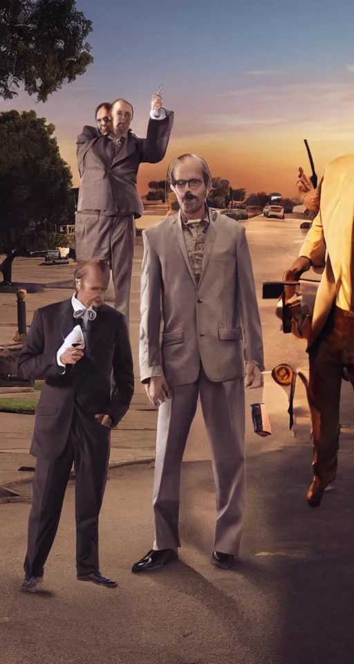 Image similar to saul goodman smoking cigarettes with steve jobs, sepia, in mexico, emmy award winning, with jessie pinkman in the background yelling and angry, sunset, granite sidewalk, movie screenshot, suburban houses in background, gritty, mustache