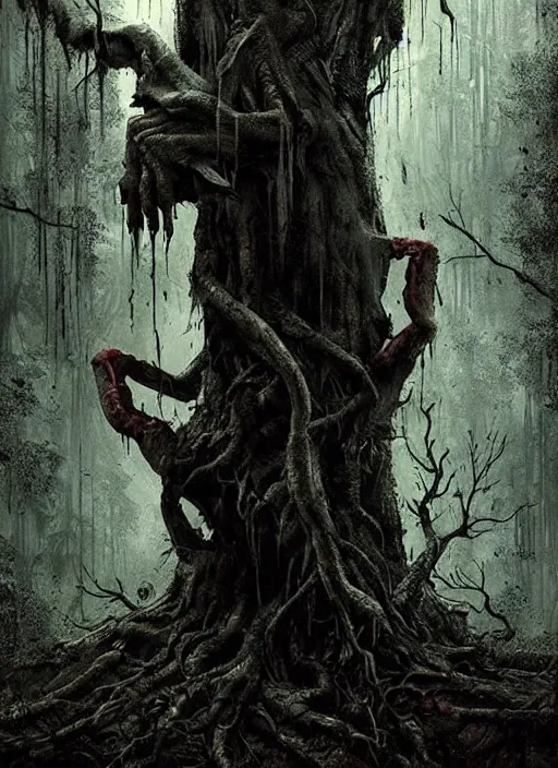 Image similar to highly detailed horror movie poster with angry creepy keanu reeves as a tree, keanu reeves faces in the bark of many trees sentient leafy catastrophe by greg rutkowski, masterpiece, really funny, 1 0 / 1 0 creepy