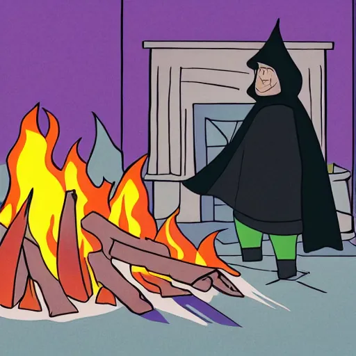 Image similar to full page detailed colored illustration of shadowy man in a dark cloak in front of fire