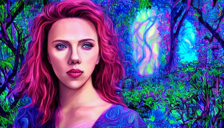 Prompt: landscape scarlett johansson in psychodelic dmt lsd forest, photorealistic, artgerm, artwork by Arian, Mark