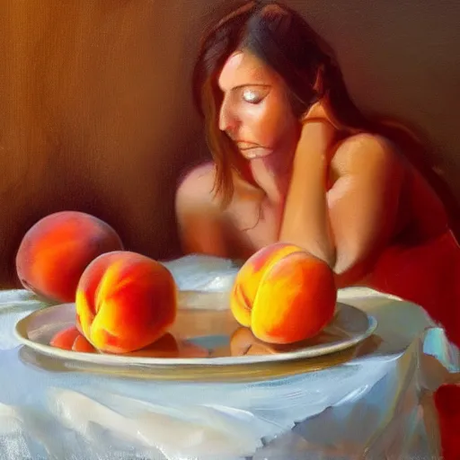 Image similar to beautiful woman in the background, table and plate of peaches in the foreground, natural light, oil painting style,