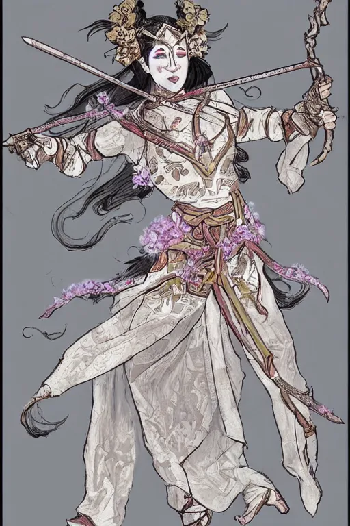 Prompt: female changeling dancer in floral - patterned light armor, wielding a long halberd, barefoot in sandals, wearing a noh theatre mask, capricious, energetic, provocative, realistic proportions, reasonable fantasy, in the style of dnd illustrations, tabletop rpg.