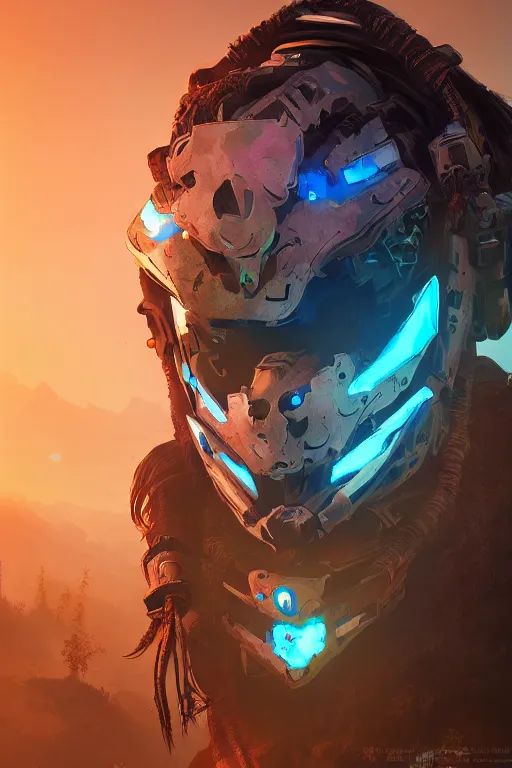 Image similar to combination suit armor aloy horizon forbidden west horizon zero dawn radiating a glowing aura global illumination ray tracing hdr fanart arstation by ian pesty and alena aenami artworks in 4 k tribal robot ninja mask helmet backpack