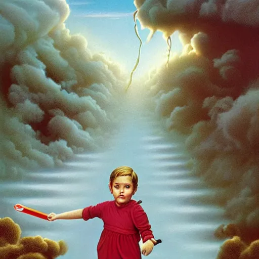 Image similar to a disappearing running child holding scissors in hand disappears evaporates dissolves into vapor, mist, smoke, a detailed matte painting by John Philip Falter and Jason Edmiston