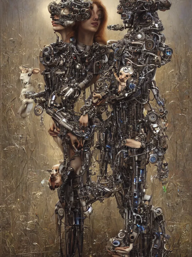 Image similar to portrait of a beautiful female android robot holding a whippet dog in her arms. Biopunk, steampunk, mecha, sighthounds, painting by James C. Christensen, by Tomasz Alen Kopera