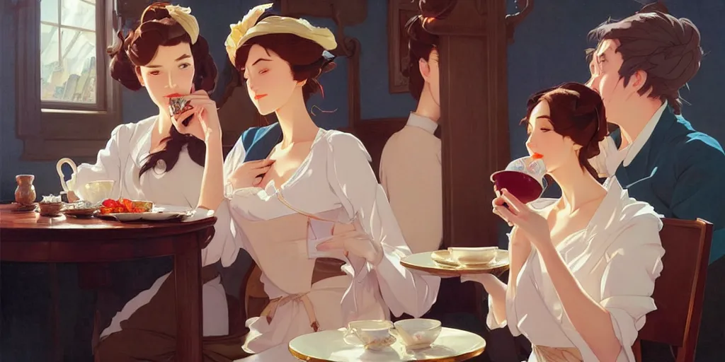 Prompt: attractive female drinking tea, in the style of studio ghibli, j. c. leyendecker, greg rutkowski, artgerm