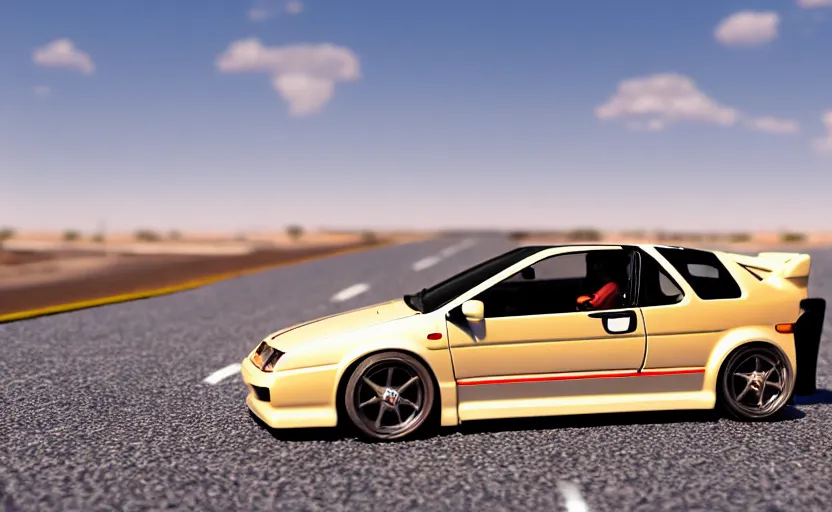 Image similar to photograph of a cell-shaded Honda EK9 Type-R car meet with anime girls, on a desert road with a futuristic city in the horizon, one point perspective, 1-point perspective, tilt shift, sigma 85mm f/1.4, 4k, depth of field, high resolution, 4k, 8k, hd, full color