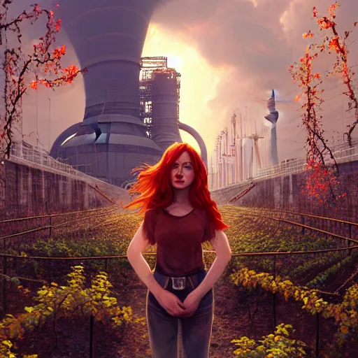 Image similar to red hair girl, chernobyl powerplant!!!, rubble, flowers, vines, hyperrealistic, highly detailed, cinematic, single ray of golden sunlight, beautiful, cgssociety, artstation, 8 k, oil painting by greg rutkowski, by artgerm, by wlop