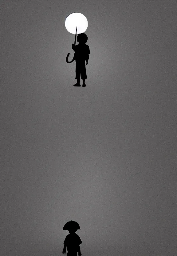 Image similar to little boy standing, holding umbrella, at night, full moon, cute anime style, black and white artwork, minimalist background