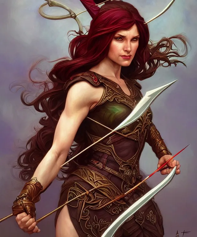 Image similar to a strong powerful angry fantasy elf woman with a bow and arrow, portrait, fantasy, intricate, elegant, highly detailed, digital painting, artstation, concept art, smooth, sharp focus, illustration, art by artgerm and larry elmore and alphonse mucha