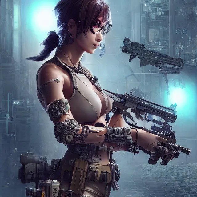 Image similar to the portrait of lawful neutral female cyberpunk marine sniper as absurdly beautiful, gorgeous, elegant, young gravure idol, an ultrafine hyperdetailed illustration by kim jung gi, irakli nadar, intricate linework, bright colors, octopath traveler, final fantasy, unreal engine 5 highly rendered, global illumination, radiant light, detailed and intricate environment