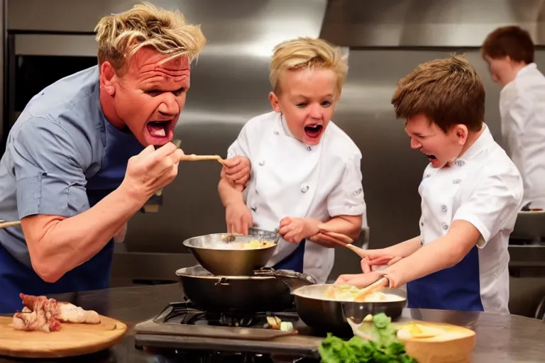 Prompt: Gordon Ramsay screaming at young children as they cook beef wellington, photo, 4K