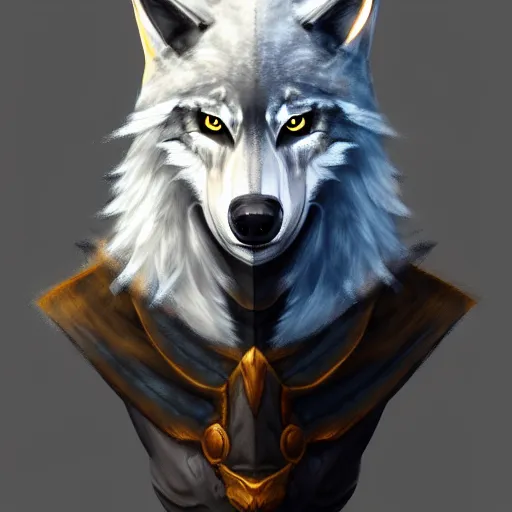 Prompt: half length portrait of an anthropomorphic wolf knight character, epic dramatic digital painting, trending on artstation