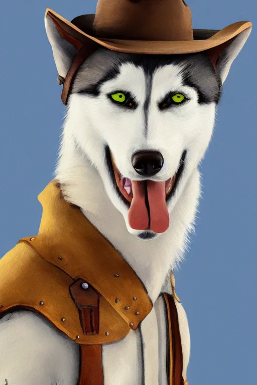 Prompt: a portrait painting of a husky in cowboy costume, wearing a cowboy hat, by studio ghibli, [ western film ], humanoid, personify, anthropomorphic, trending on artstation